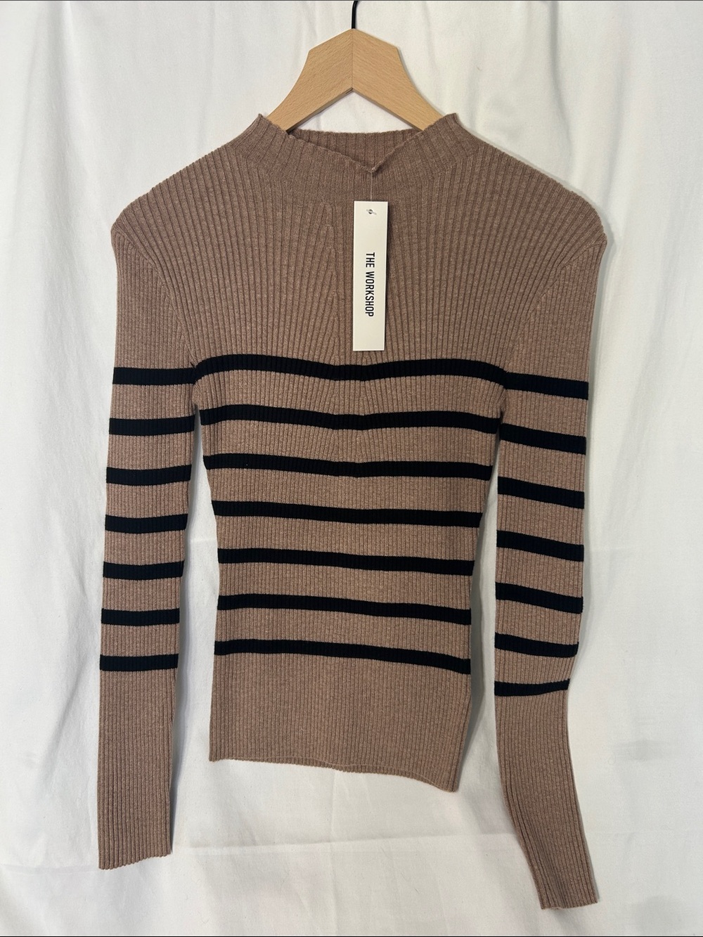 Workshop Republic Clothing Taupe and Black Striped Ribbed Mock Neck Sweater